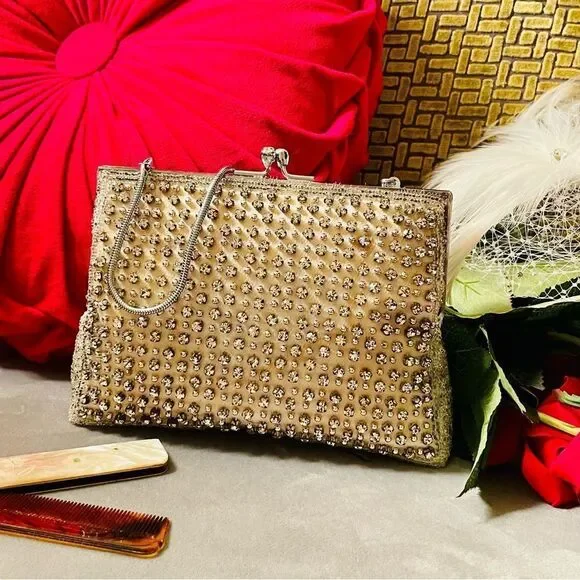 ♥️ Vintage Rhinestone Silk Purse, sparkling DELILL kiss lock purse 1950s-60s - Picture 4 of 16